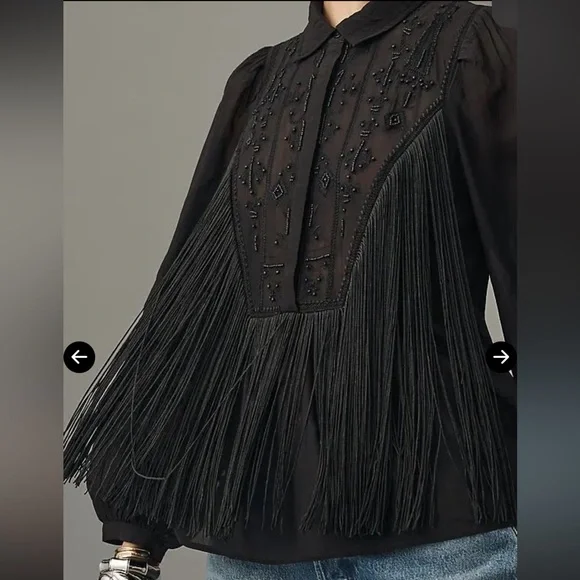 NWT By Anthropologie Long-Sleeve Collared Embellished Fringe Blouse - Picture 4 of 6